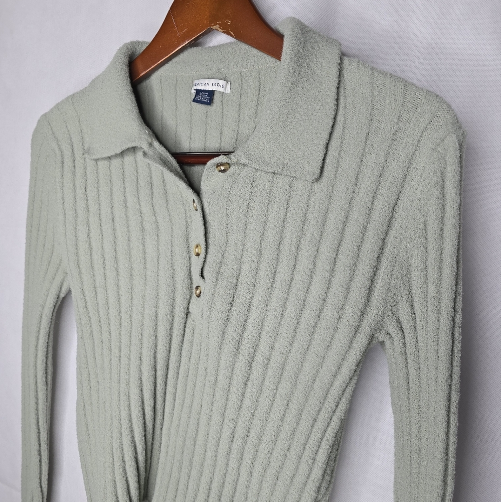 American Eagle Sweater Pastel Green Soft Ribbed Chunky Knit Long Sleeve Cropped